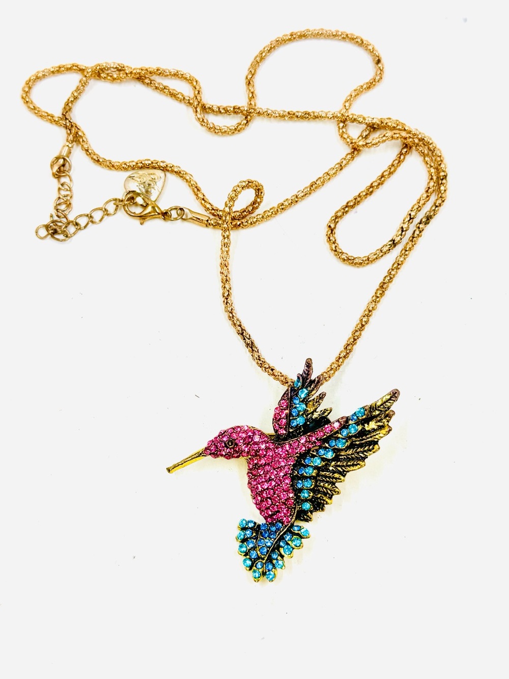 Betsey Johnson Vintage Gold-Tone Rhinestone Hummingbird Pendant/Brooch Necklace